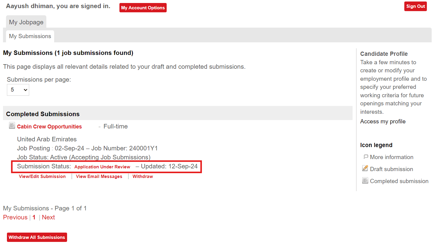 emirates application review status