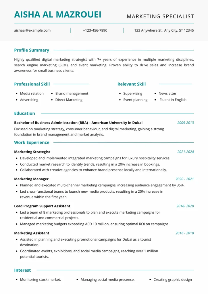 marketing manger resume for dubai
