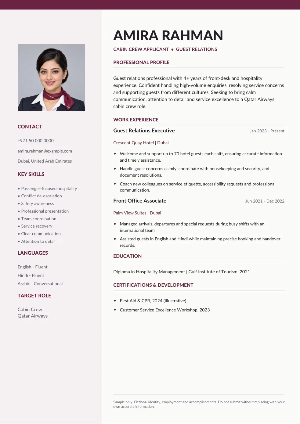 Original Qatar Airways cabin crew CV sample with professional portrait, work experience, skills, education and languages